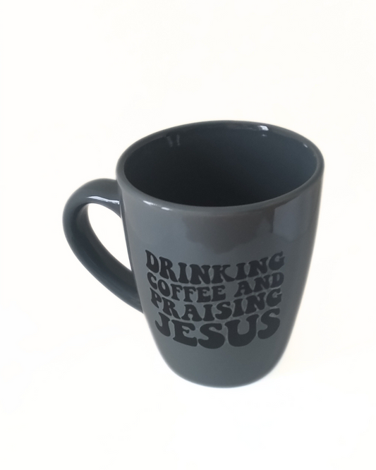 Drinking Coffee And Praising Jesus 12 oz Gray Mug