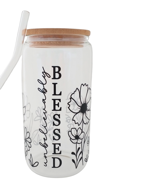 Unbelievably Blessed Glass with a Bamboo lid & glass straw 16 oz