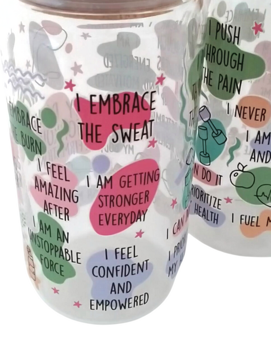 Affirmation Workout Glass with a Bamboo lid & glass straw 16 oz