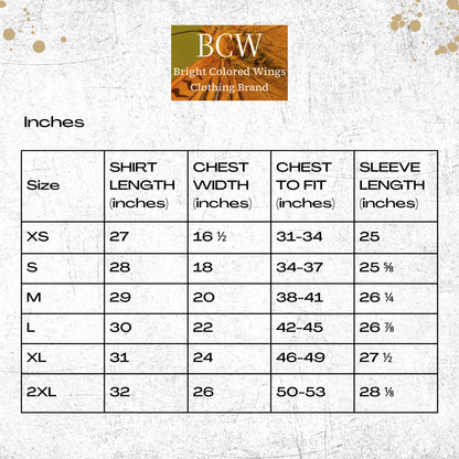 Size guide by Bright Colored Wings Clothing Brand 