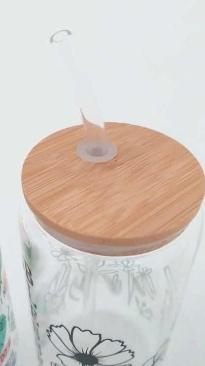 Unbelievably Blessed Glass with a Bamboo lid & glass straw 16 oz
