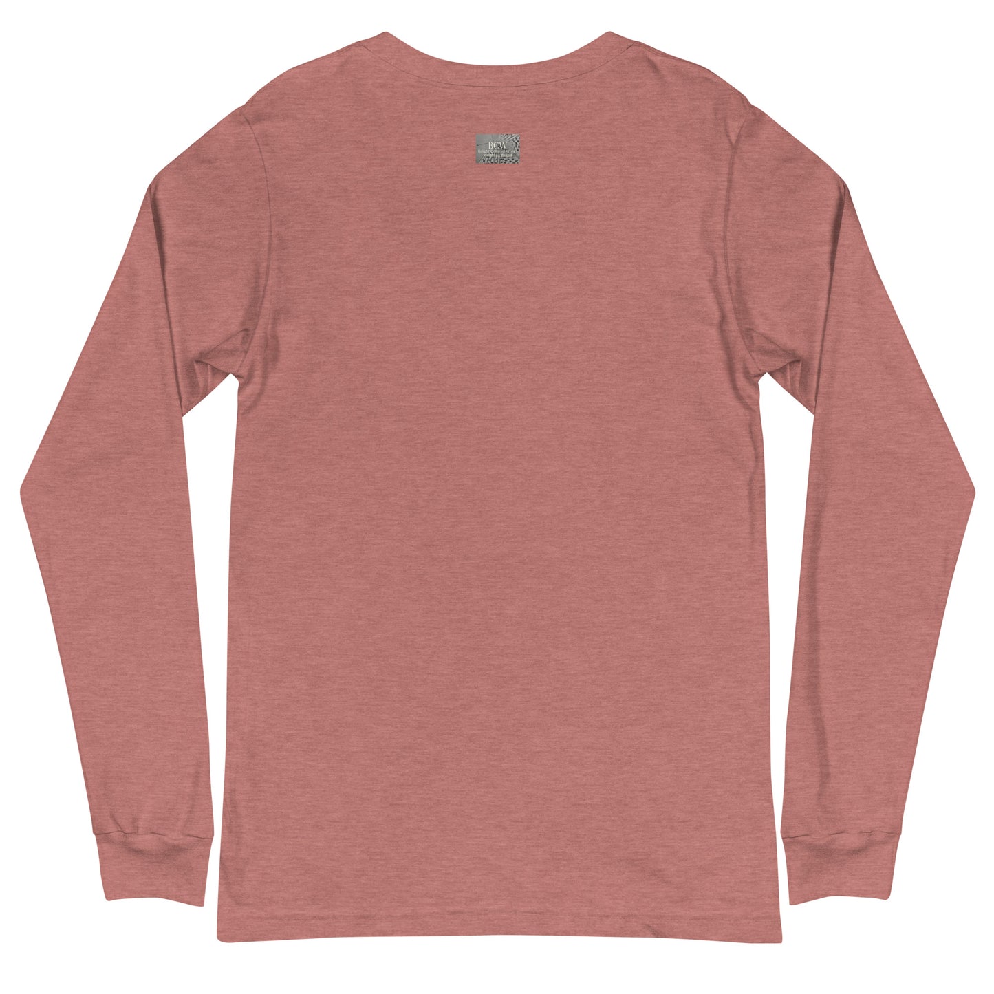 Back side of t-shirt. Long sleeve In God's waiting room! Unisex clothing brand. Color is mauve.