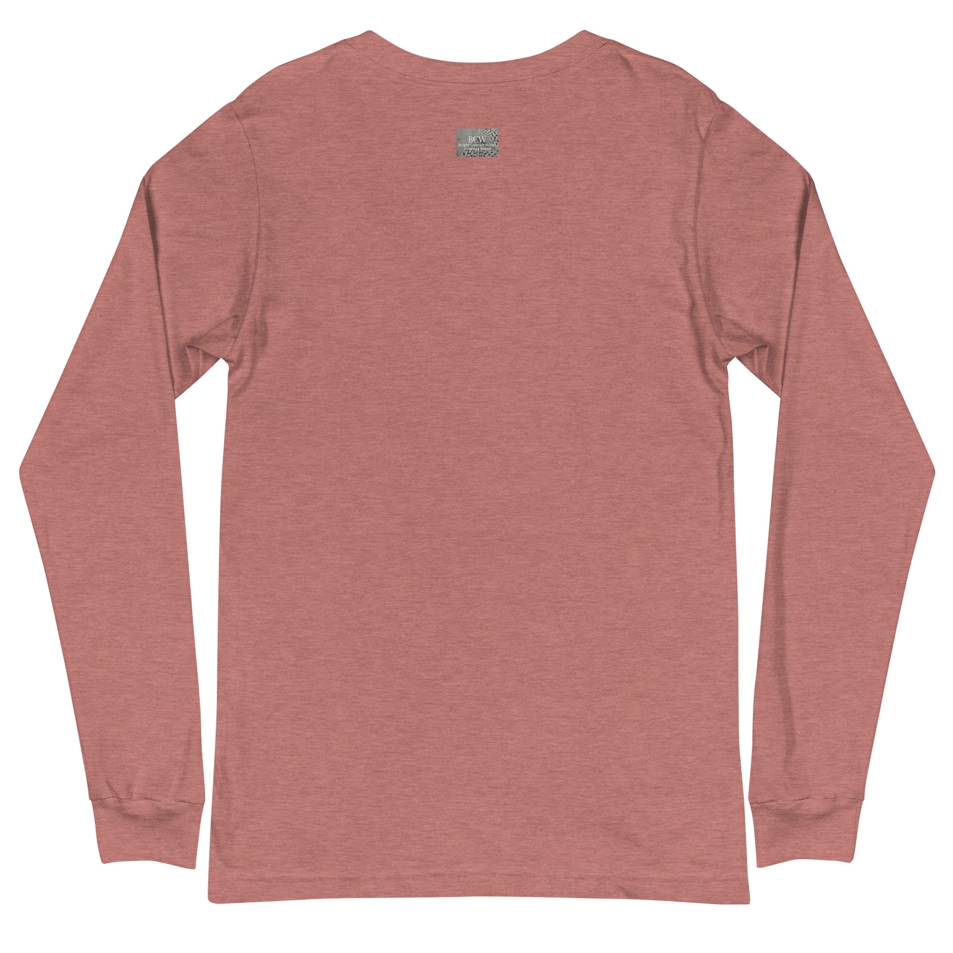 Back side of t-shirt. Long sleeve In God's waiting room! Unisex clothing brand. Color is mauve.