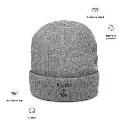 Unisex Hats with recycled material, folded ribbed knit beanie. Available on the website www.brightcoloredwings.com 